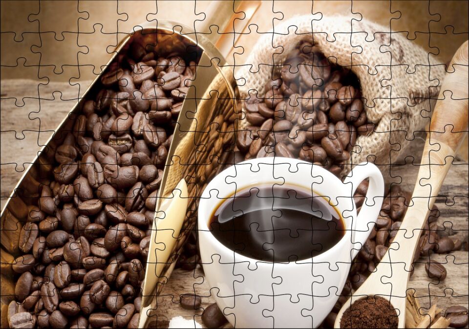 Beyaz Seramik Kupa ve Kahve Çekirdekler Görseli Puzzle Yapboz MDF Ahşap