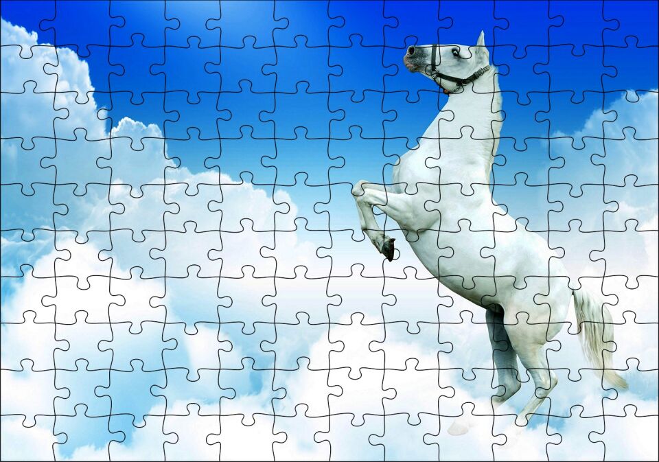 Beyaz Bulutlar ve Şahlanan Beyaz At Puzzle Yapboz MDF Ahşap