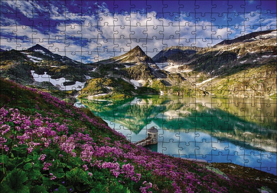Göl Etrafında Dağlar Bahar Puzzle Yapboz MDF Ahşap 255 Parça 34 cm X 49 cm