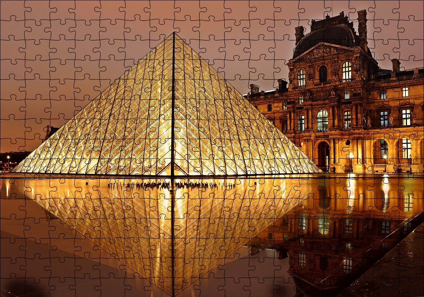 Paris Louvre Müzesi Gece Manzarası Puzzle Yapboz MDF Ahşap 255 Parça 34 cm X 49 cm