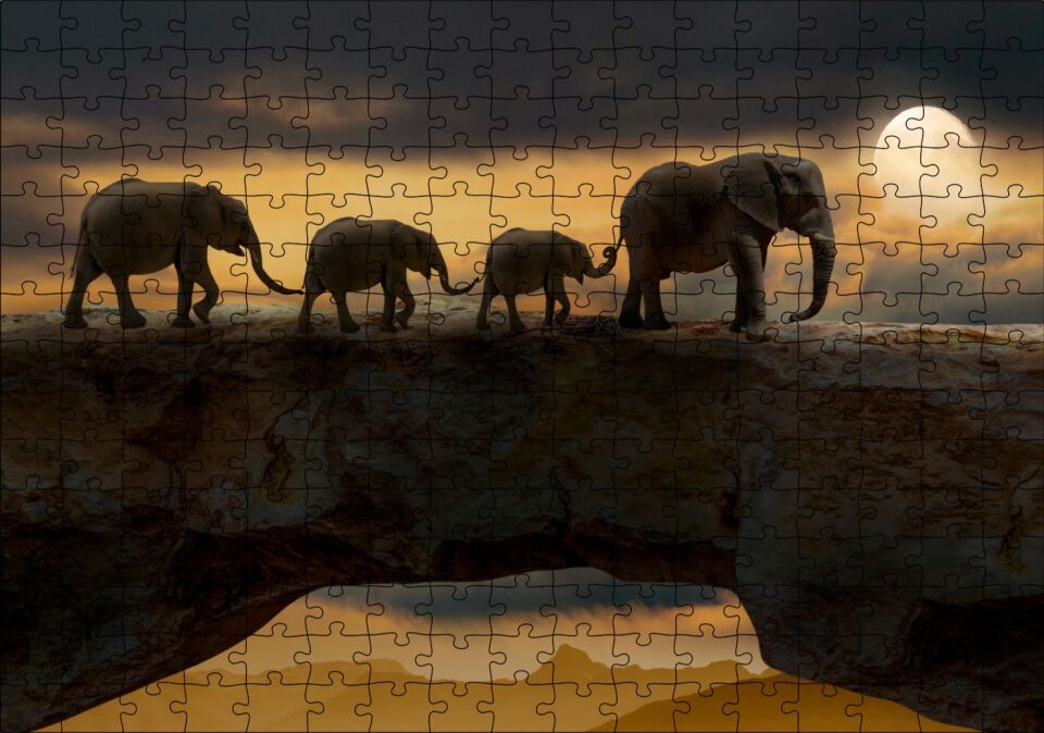 Dolunayda Yürüyen Fil Ailesi ve Bulutlar Puzzle Yapboz MDF Ahşap 255 Parça 34 cm X 49 cm