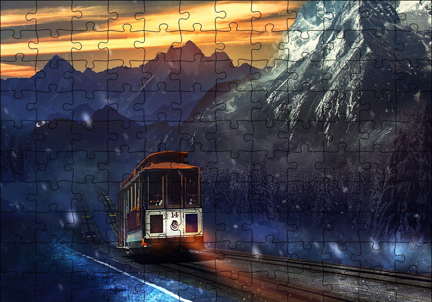 Dağlar Kar Yağışı ve Tren Puzzle Yapboz MDF Ahşap
