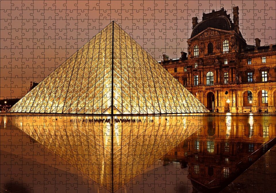 Paris Louvre Müzesi Gece Manzarası Puzzle Yapboz MDF Ahşap 500 Parça 49 cm X 68 cm