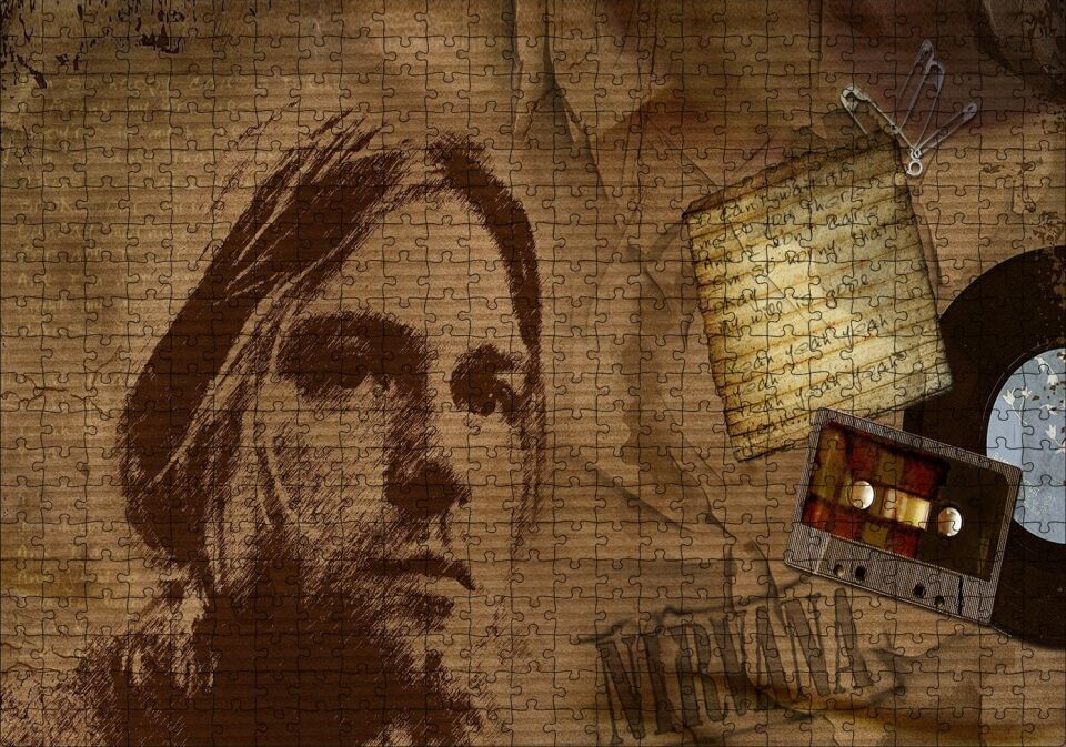 Kurt Cobain ve Şarkı Sözleri Puzzle Yapboz MDF Ahşap 500 Parça 49 cm X 68 cm