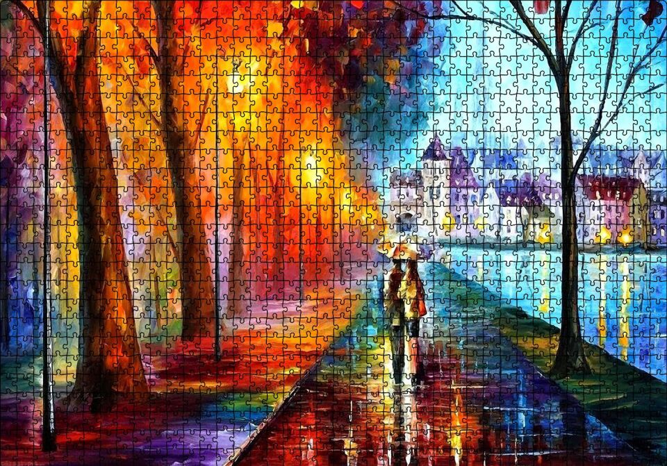 Yağmur Sahil Şemsiyeli Çift Yağlı Boya Puzzle Yapboz MDF Ahşap 1000 Parça 49 cm X 68 cm