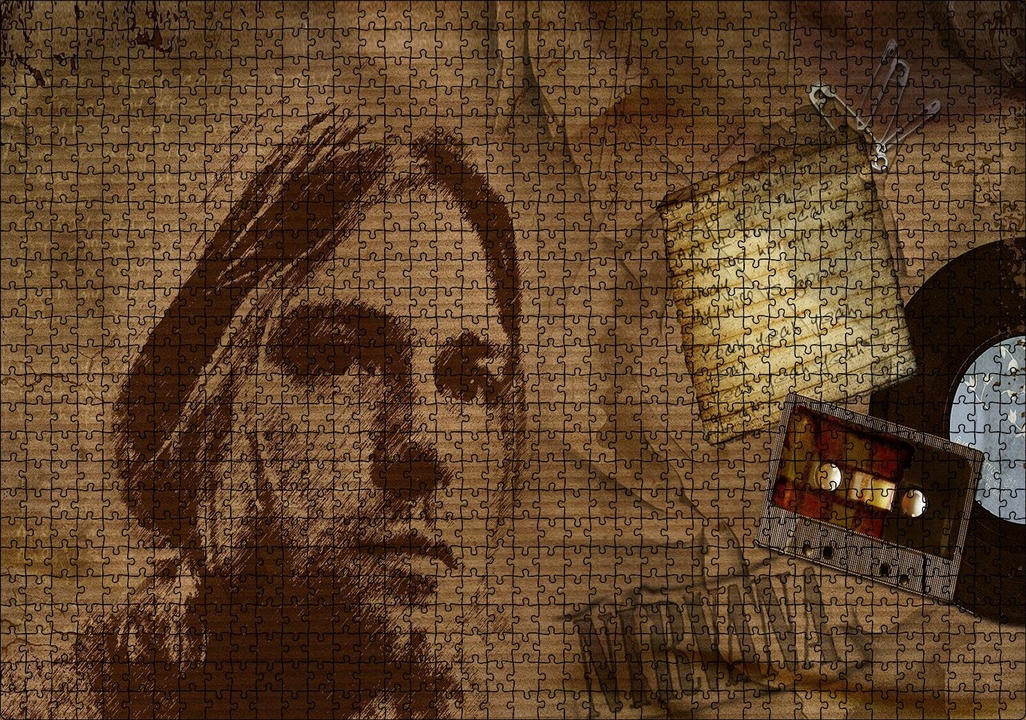 Kurt Cobain ve Şarkı Sözleri Puzzle Yapboz MDF Ahşap 1000 Parça 49 cm X 68 cm