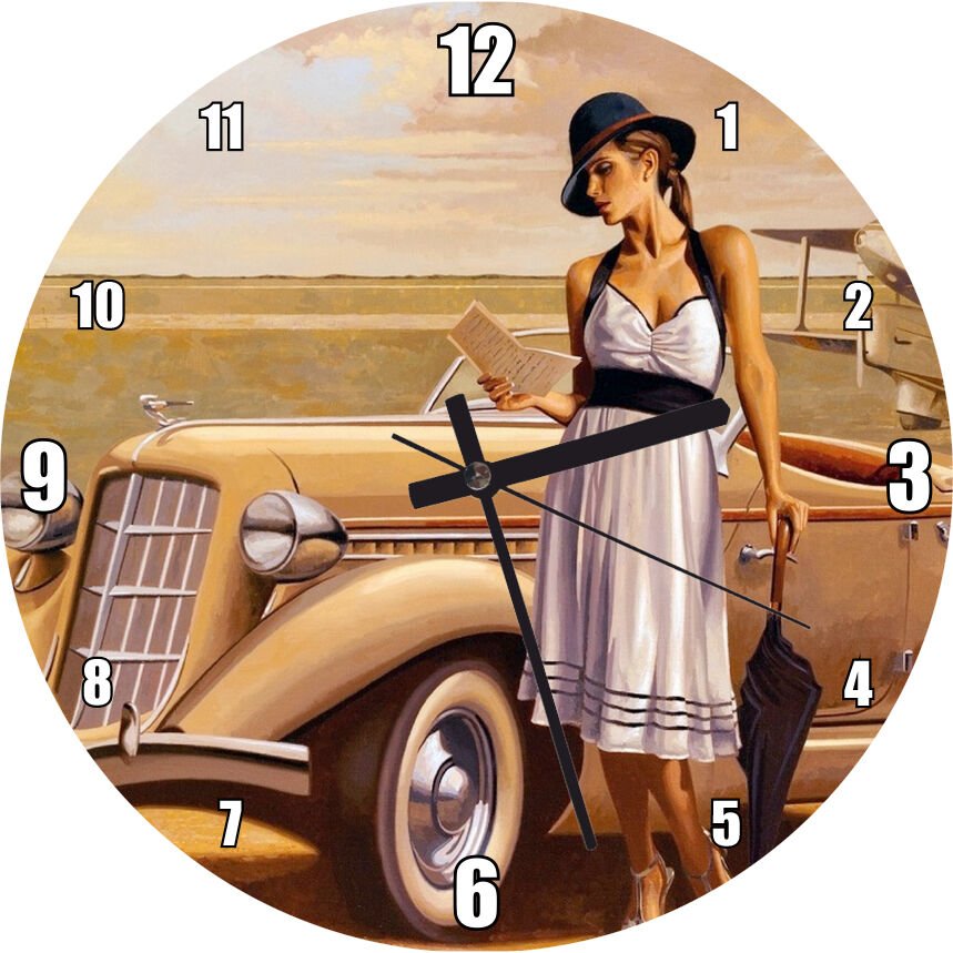 Antika Araba Uçak ve Beyaz Elbiseli Kadın  Mdf Ahşap Duvar Saati