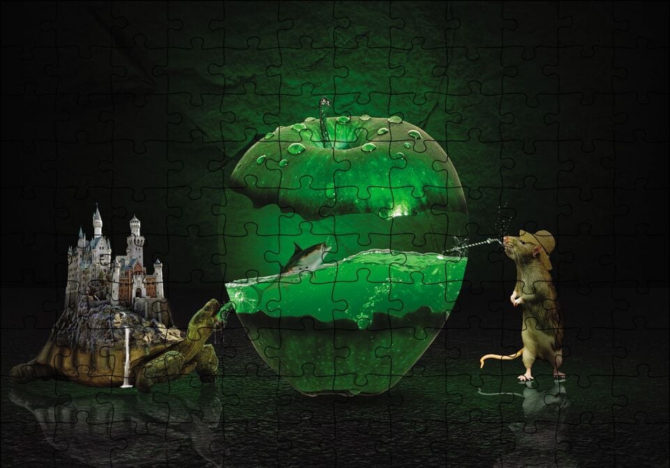 Elma Kaplumbağa Balık Fare Fantastik Puzzle Yapboz MDF Ahşap