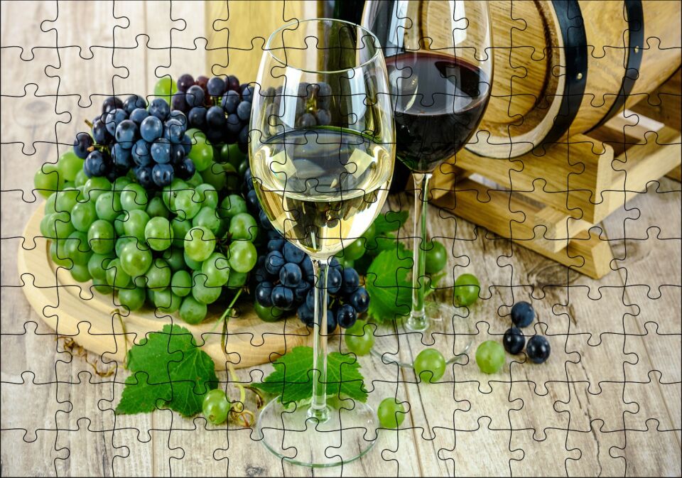 Beyaz Kırmızı Şarap Üzüm Şarap Küpü Görseli Puzzle Yapboz MDF Ahşap