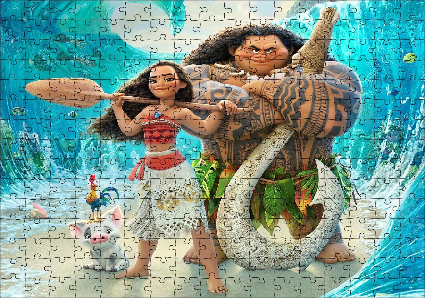 Moana Animasyon Filmi Ve Hayvanlar Puzzle Yapboz MDF Ahşap 255 Parça 34 cm X 49 cm