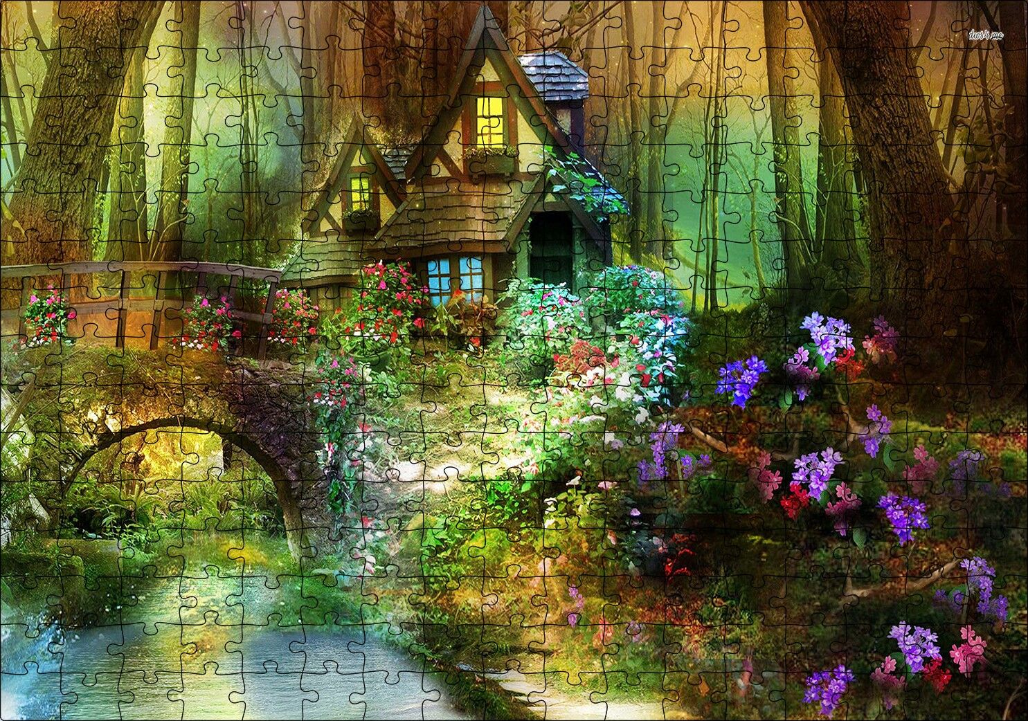 Ormandaki Sevimli Kulübe Köprü ve Çiçekler Puzzle Yapboz MDF Ahşap 255 Parça 34 cm X 49 cm