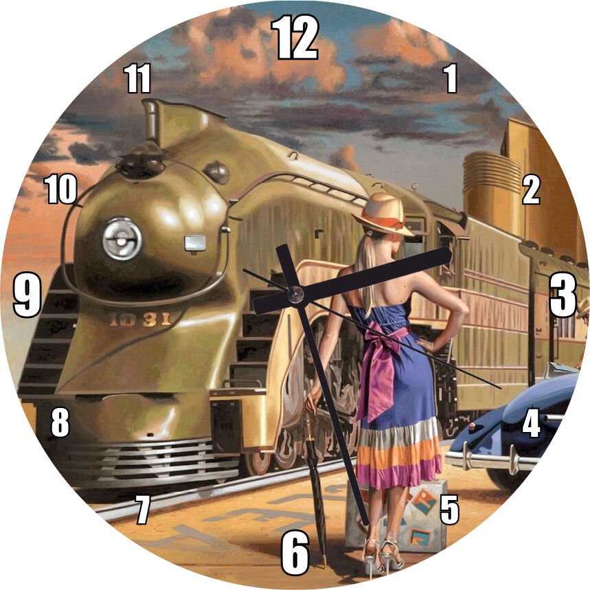 Antika Araba ve Yolcular ile Fütüristik Tren  Mdf Ahşap Duvar Saati