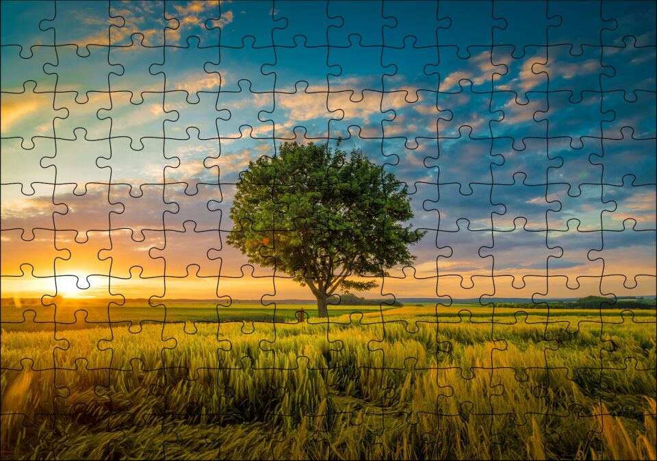 Çayırda Günbatımı Bulutlar ve Yalnız Ağaç Puzzle Yapboz MDF Ahşap