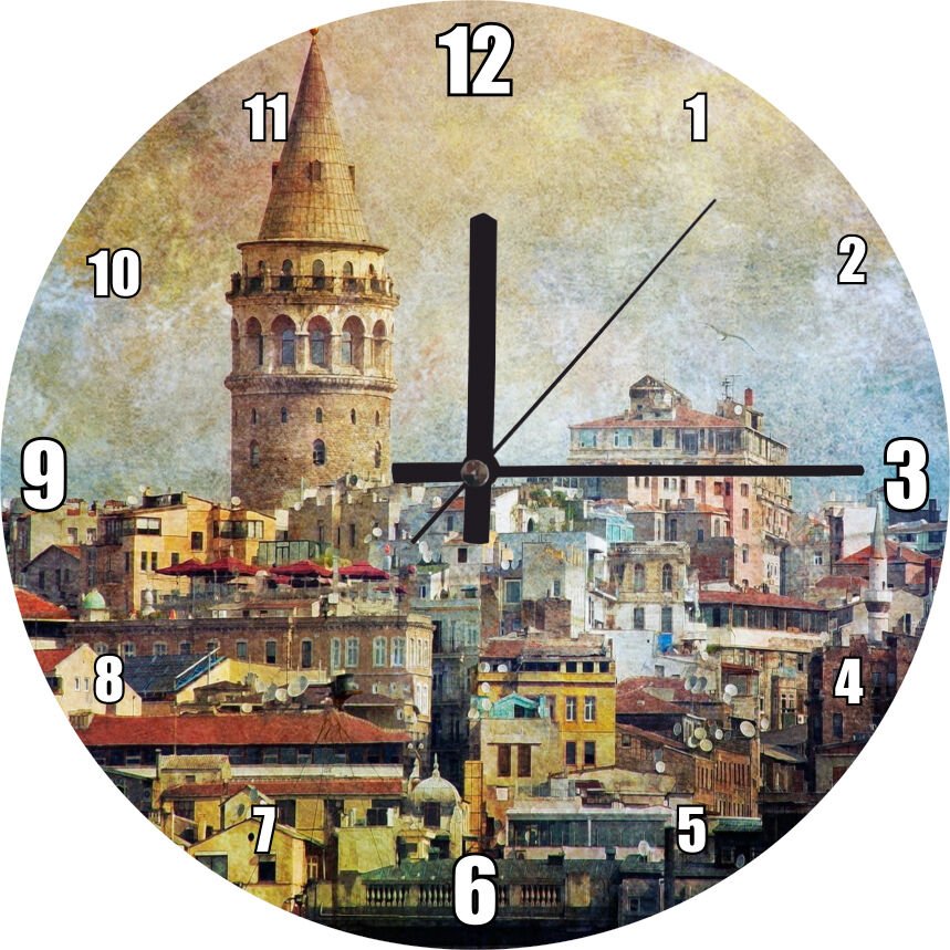 Galata Kulesinin Sanatsal Görsel Mdf Ahşap Duvar Saati 30 cm Çap