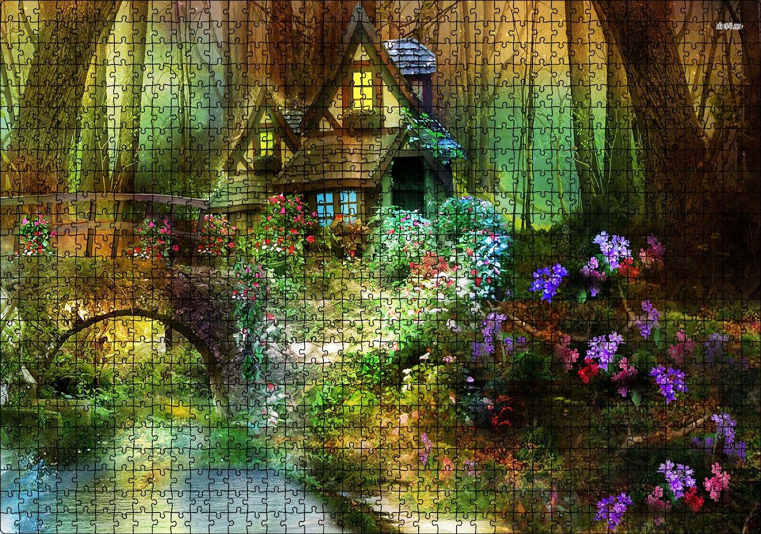 Ormandaki Sevimli Kulübe Köprü ve Çiçekler Puzzle Yapboz MDF Ahşap 1000 Parça 49 cm X 68 cm
