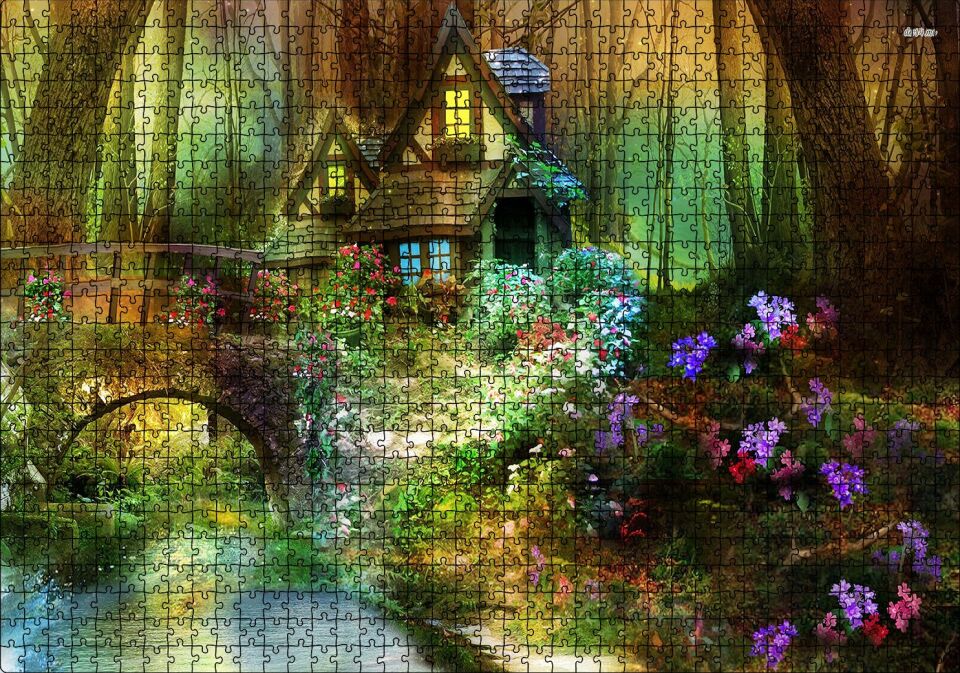 Ormandaki Sevimli Kulübe Köprü ve Çiçekler Puzzle Yapboz MDF Ahşap 1000 Parça 49 cm X 68 cm