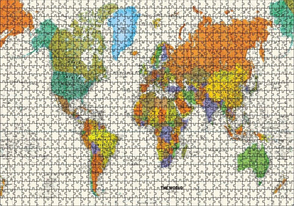 Dünya Haritası Sular Beyaz Renkte Puzzle Yapboz MDF Ahşap 1000 Parça 49 cm X 68 cm