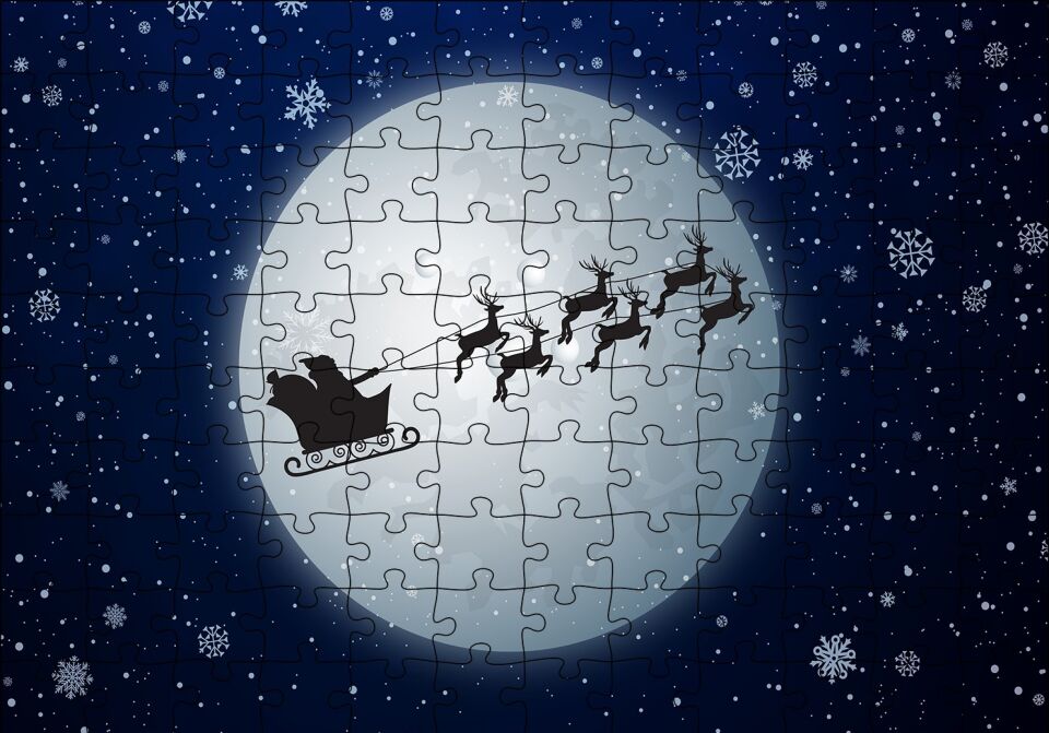 Dolunay Geyikler Kar Taneleri ve Noel Baba Puzzle Yapboz MDF Ahşap