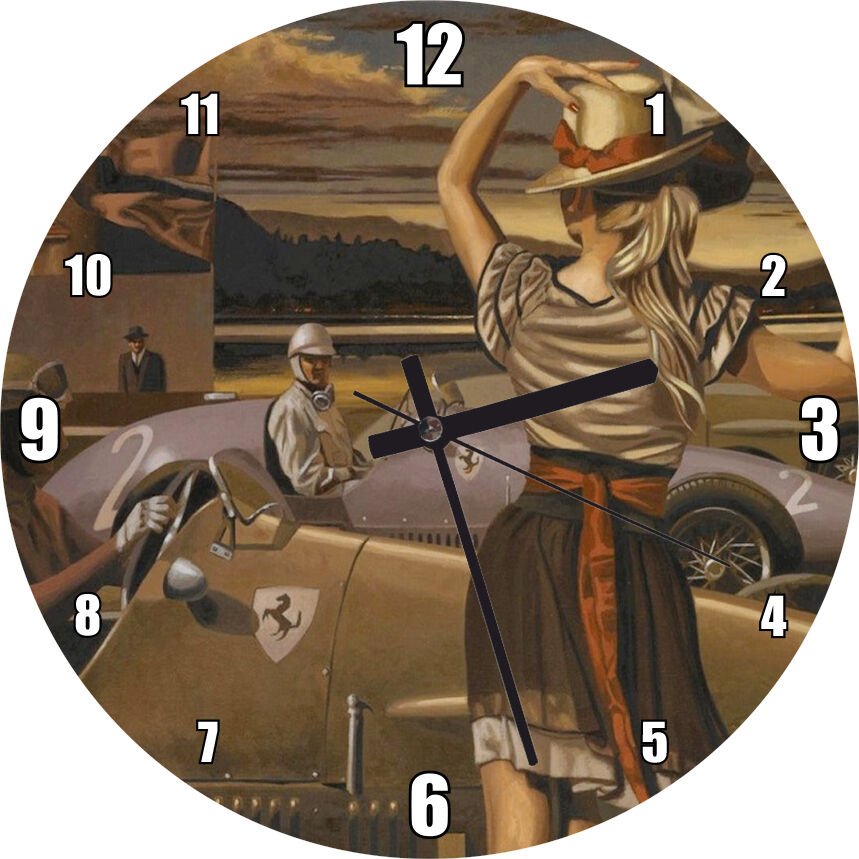 Antika Ferrari Yarış Arabaları ve Start Bayraklı Kız  Mdf Ahşap Duvar Saati