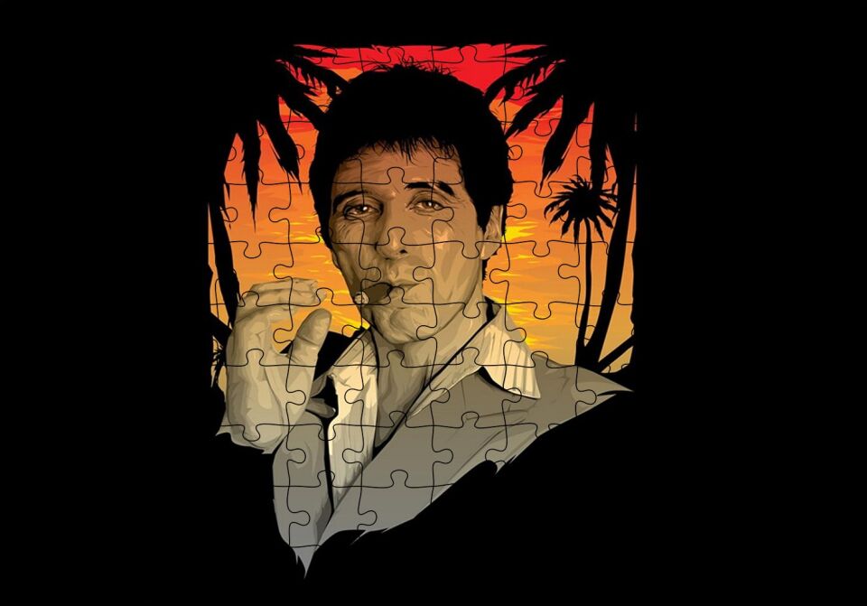 Yaralı Yüz Tony Montana Puro İçiyor Puzzle Yapboz MDF Ahşap 120 Parça 24 cm X 34 cm