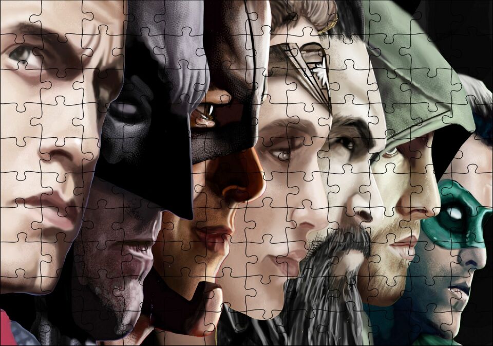 Adalet Birliği Karakterleri Yan Yana Yakın Çizim Puzzle Yapboz MDF Ahşap 120 Parça 24 cm X 34 cm