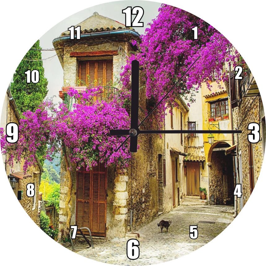 Fransa Provence Eski Binalar Görseli Mdf Ahşap Duvar Saati 30 cm Çap