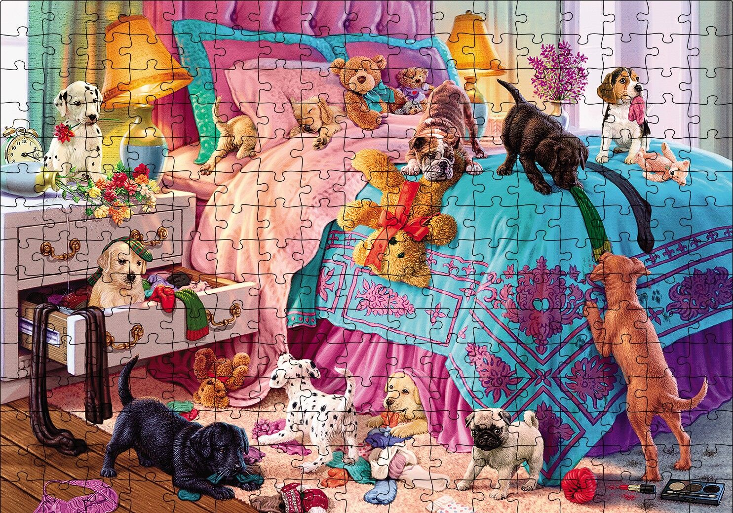 Yatak Odasında Sevimli Yavru Köpekler Puzzle Yapboz MDF Ahşap 255 Parça 34 cm X 49 cm