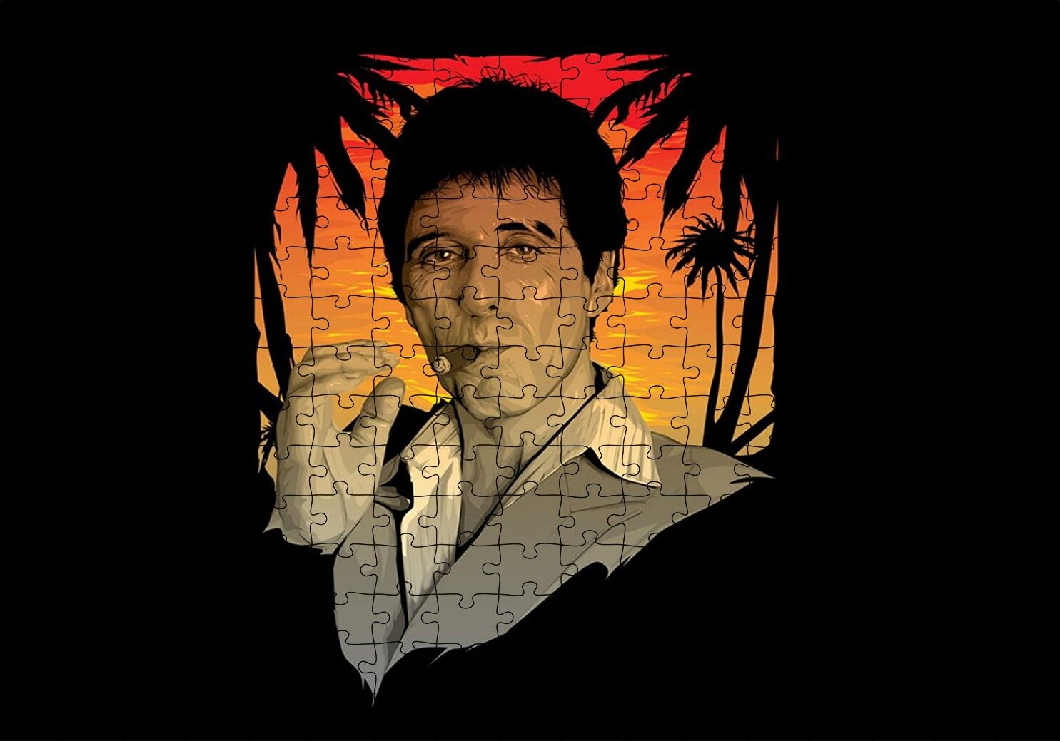Yaralı Yüz Tony Montana Puro İçiyor Puzzle Yapboz MDF Ahşap 255 Parça 34 cm X 49 cm