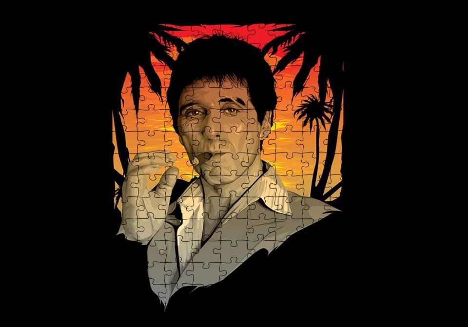 Yaralı Yüz Tony Montana Puro İçiyor Puzzle Yapboz MDF Ahşap 255 Parça 34 cm X 49 cm