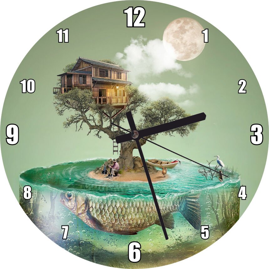 Balık Ağaç Ev Göl Dolunay Bulutlar İllüstrasyon  Mdf Ahşap Duvar Saati