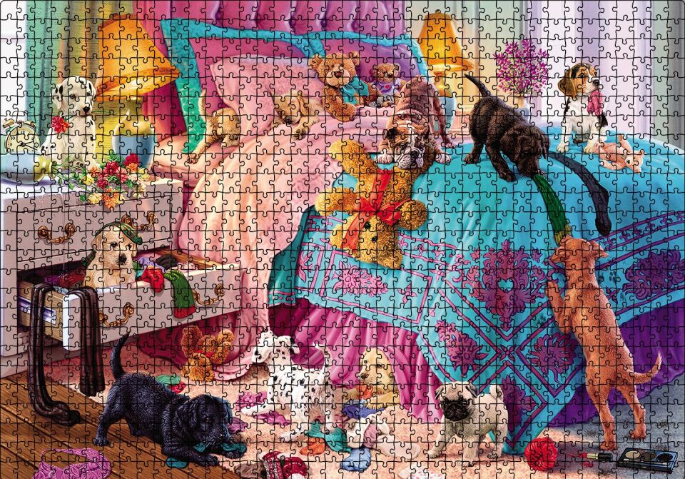 Yatak Odasında Sevimli Yavru Köpekler Puzzle Yapboz MDF Ahşap 1000 Parça 49 cm X 68 cm