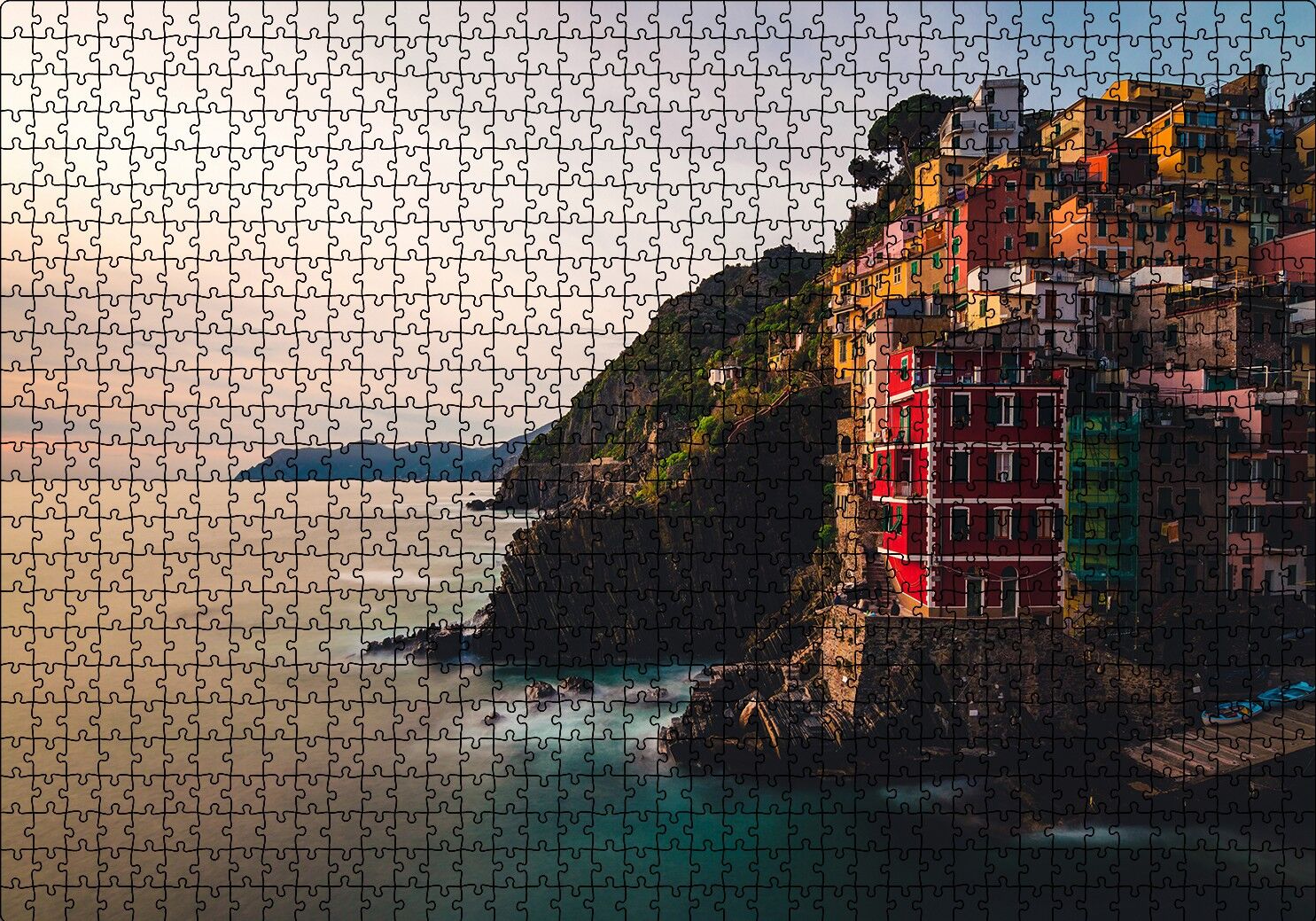 İtalya'da Sahil Kasabası Kayalıklar Evler ve Gün Batımı Puzzle Yapboz MDF Ahşap 1000 Parça 49 cm X 68 cm