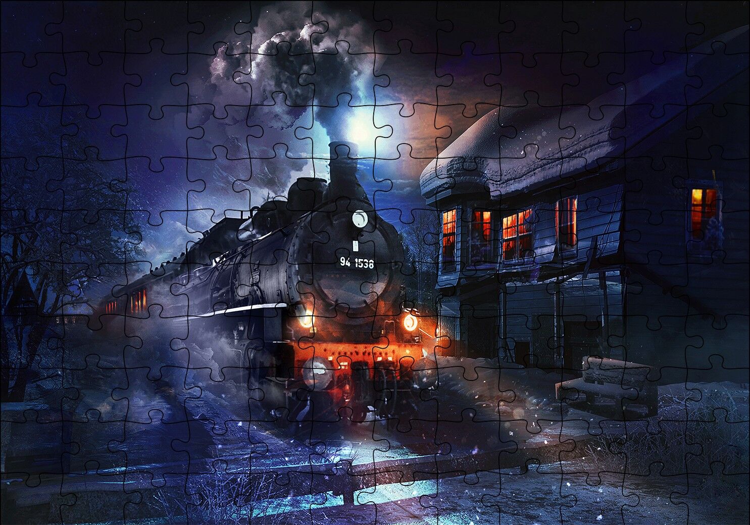 Gece ve Buharlı Tren Puzzle Yapboz MDF Ahşap