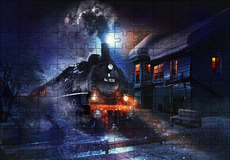 Gece ve Buharlı Tren Puzzle Yapboz MDF Ahşap