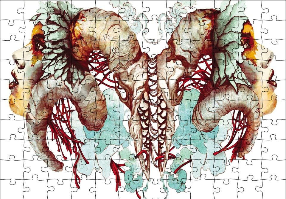 İki Çift Boynuzlu Yüz Puzzle Yapboz MDF Ahşap