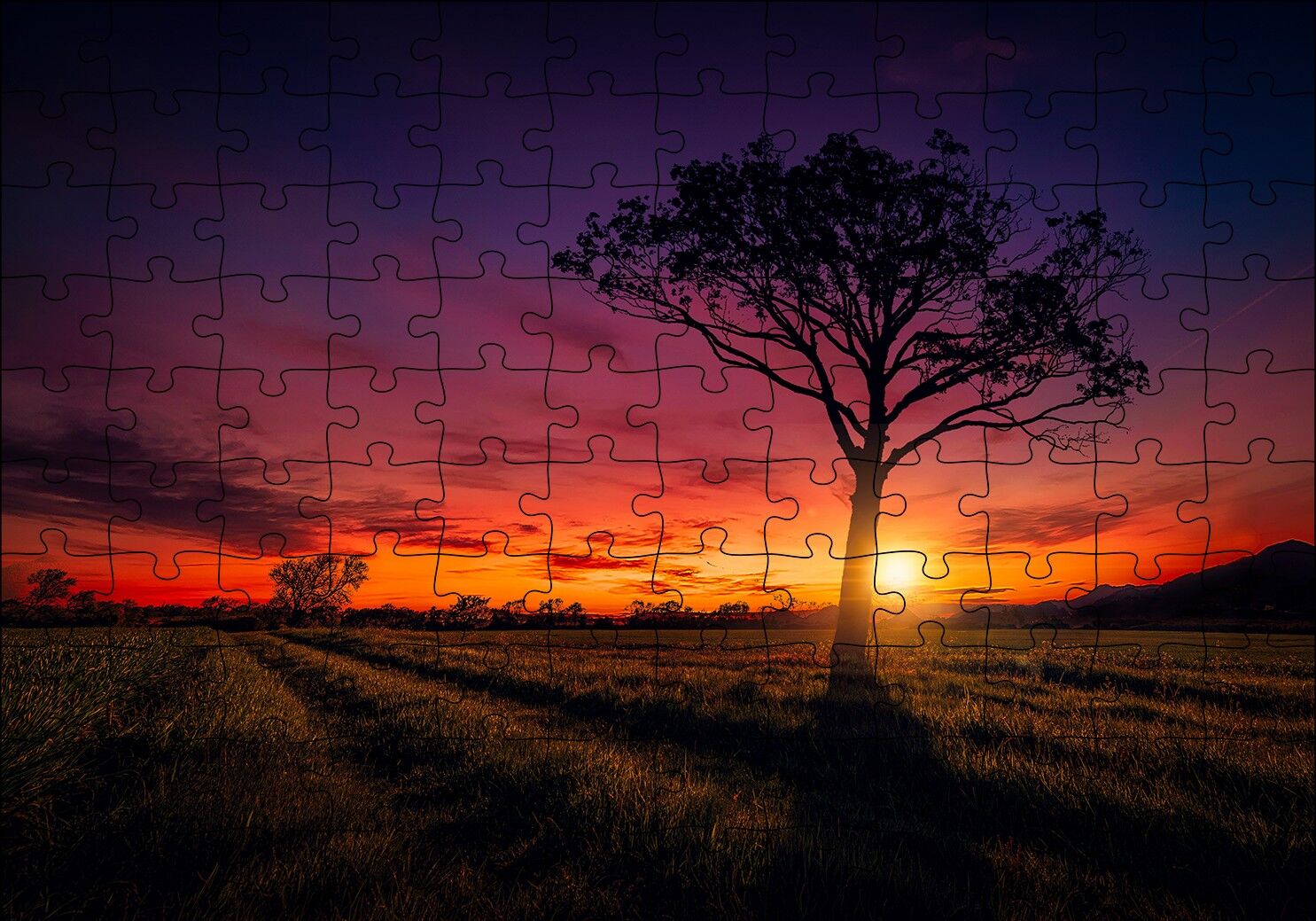 Günbatımı Çayırlar ve Yalnız Ağaç Puzzle Yapboz MDF Ahşap