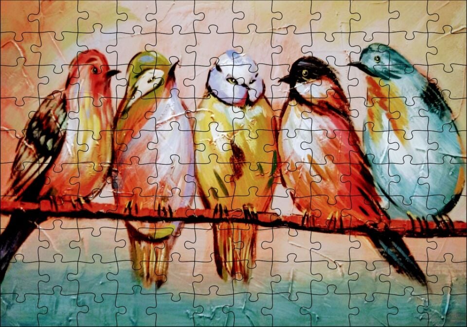 Daldaki Renkli Kuş Sanatsal Görsel Puzzle Yapboz MDF Ahşap
