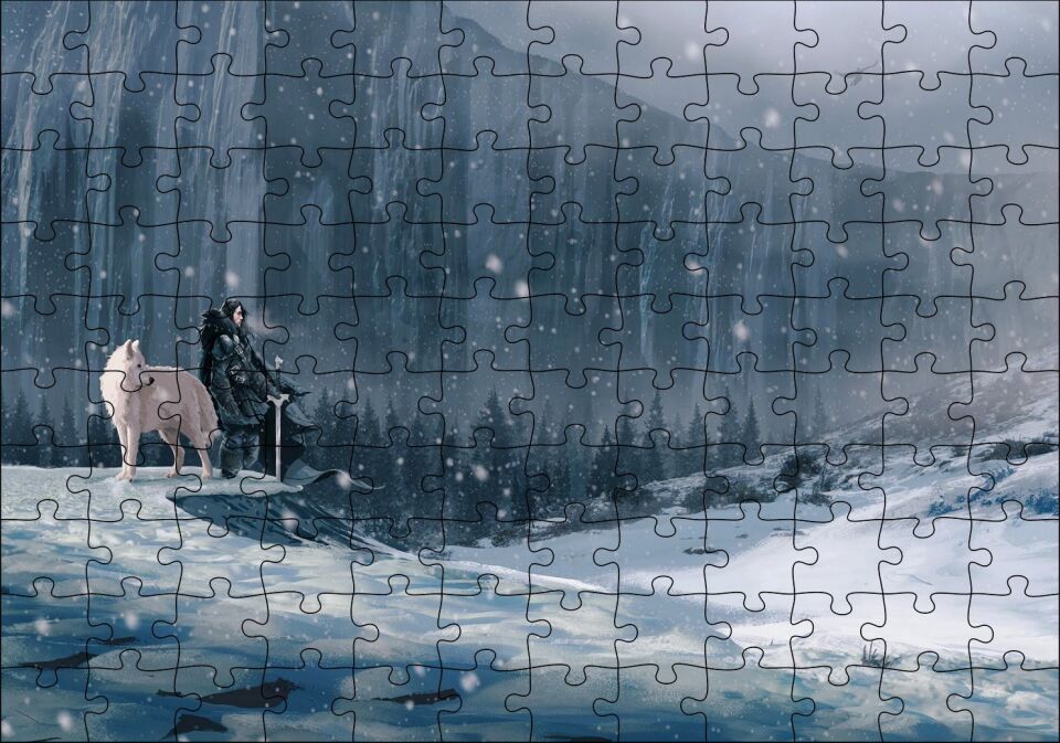 Kayalık Duvar Karlar Beyaz Kurt ve Şövalye Puzzle Yapboz MDF Ahşap 120 Parça 24 cm X 34 cm