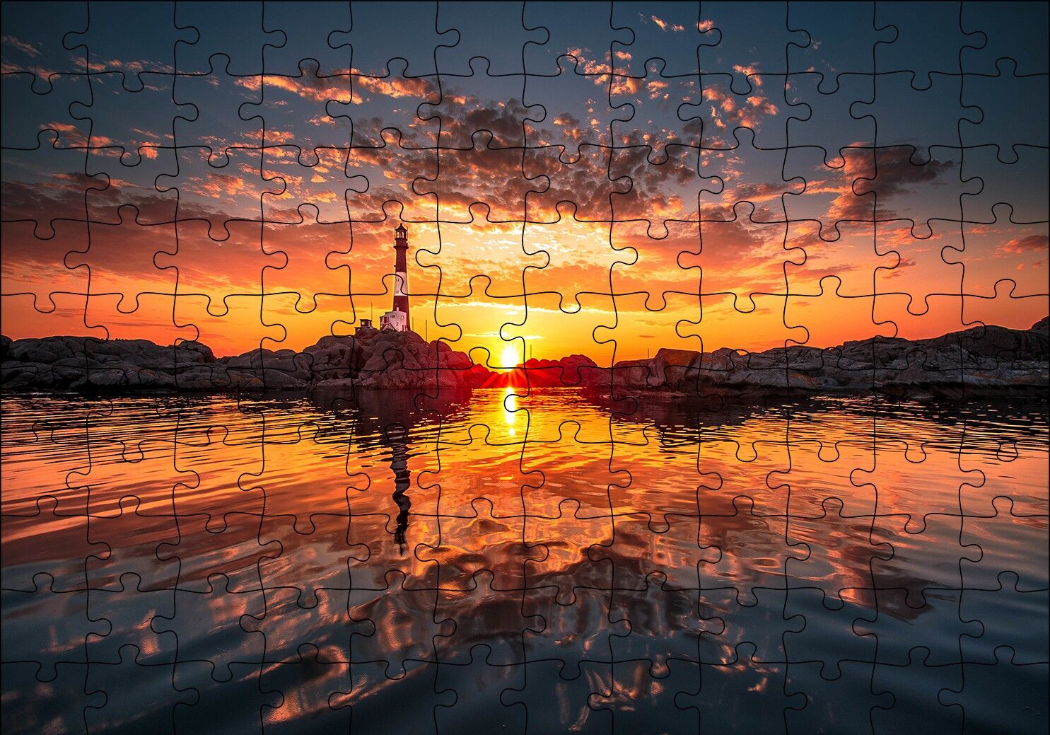 Günbatımı Deniz Feneri Kayalıklar ve Bulutlar Puzzle Yapboz MDF Ahşap