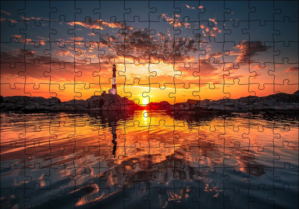 Günbatımı Deniz Feneri Kayalıklar ve Bulutlar Puzzle Yapboz MDF Ahşap