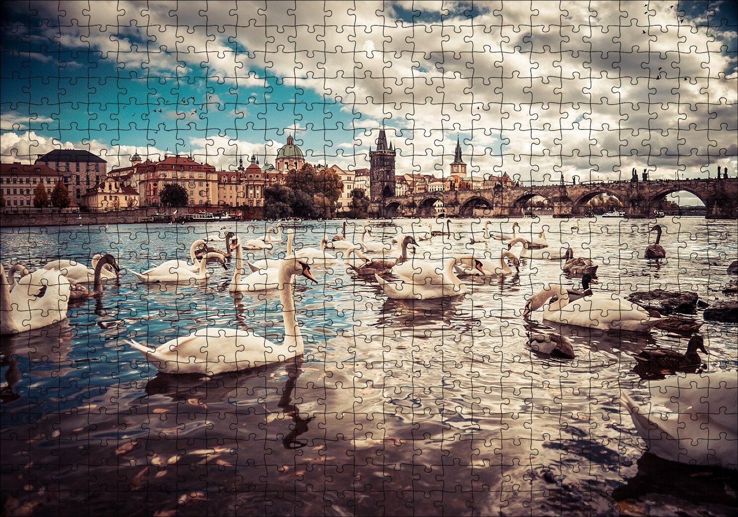 Prag Charles Köprüsü ve Kuğular Puzzle Yapboz MDF Ahşap 500 Parça 49 cm X 68 cm