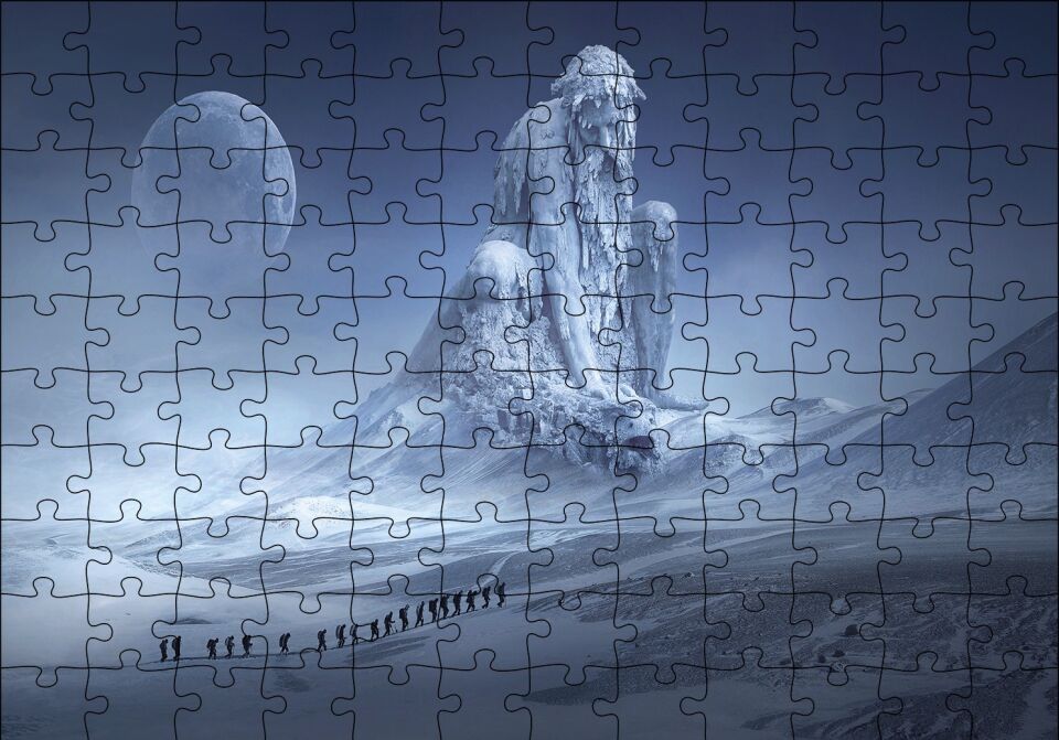 Fantastik Heykel ve Dağcılar Puzzle Yapboz MDF Ahşap