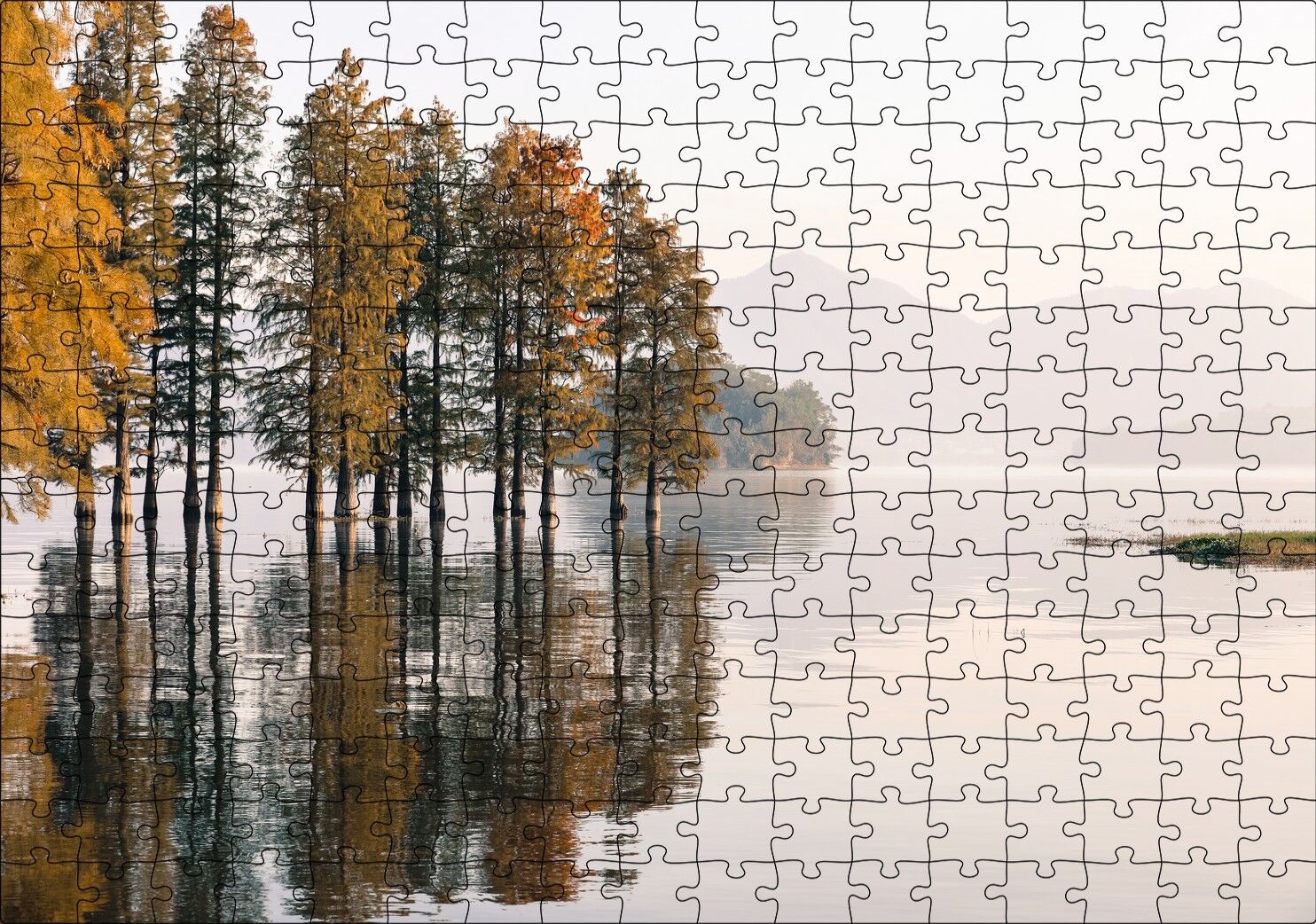 Durgun Gölde Ağaçlar Sisli Arka Plan Puzzle Yapboz MDF Ahşap 255 Parça 34 cm X 49 cm