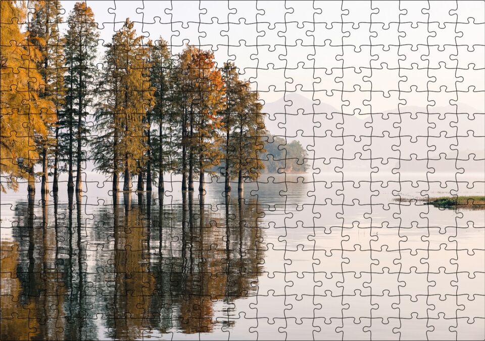 Durgun Gölde Ağaçlar Sisli Arka Plan Puzzle Yapboz MDF Ahşap 255 Parça 34 cm X 49 cm