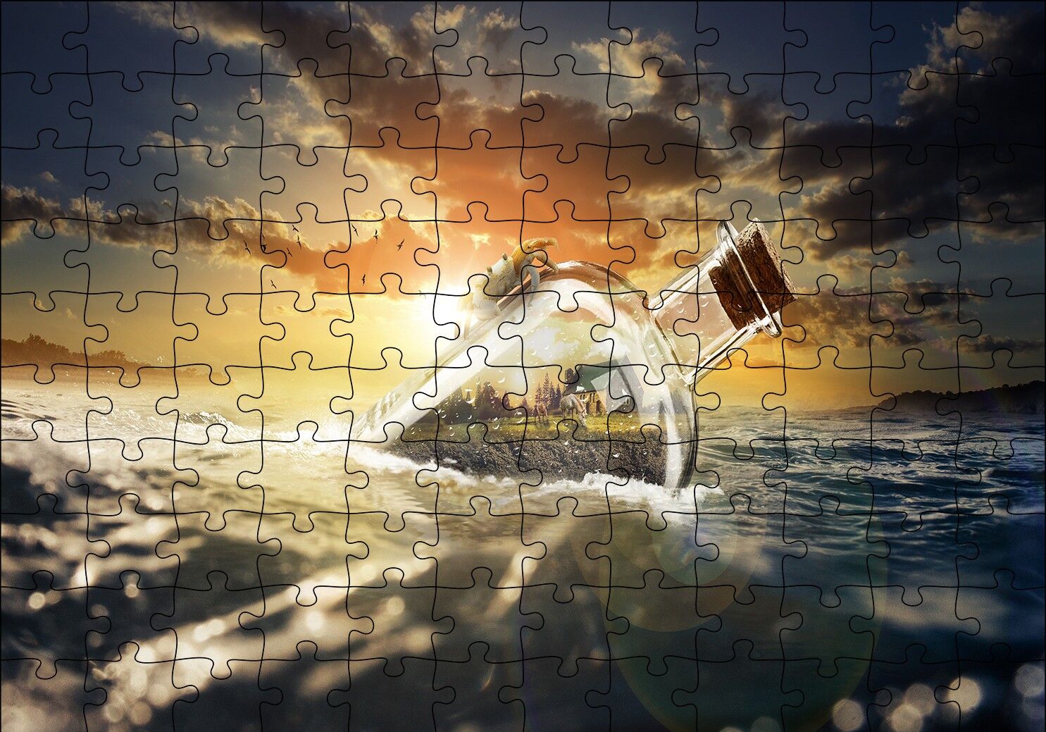 Günbatımı Okyanus Şişe Yengeç ve Kumsal Evi Puzzle Yapboz MDF Ahşap