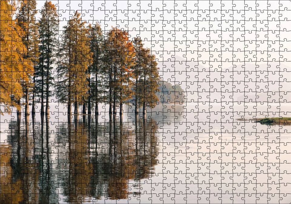 Durgun Gölde Ağaçlar Sisli Arka Plan Puzzle Yapboz MDF Ahşap 500 Parça 49 cm X 68 cm