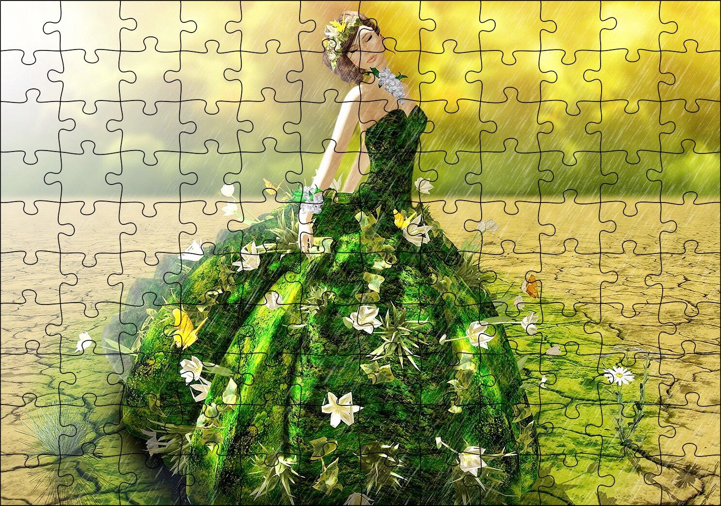 Çatlak Topraklar ve Yeşeren Elbiseli Kız Puzzle Yapboz MDF Ahşap