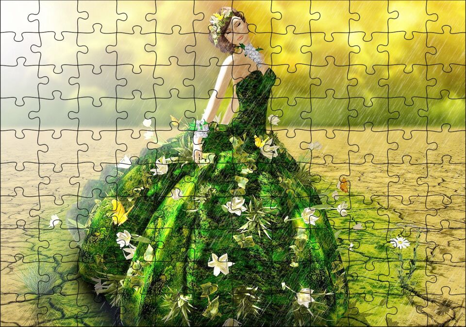 Çatlak Topraklar ve Yeşeren Elbiseli Kız Puzzle Yapboz MDF Ahşap