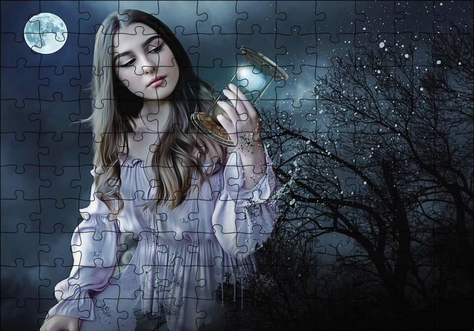 Fantazi Genç Güzel Kadın Karanlık Puzzle Yapboz MDF Ahşap
