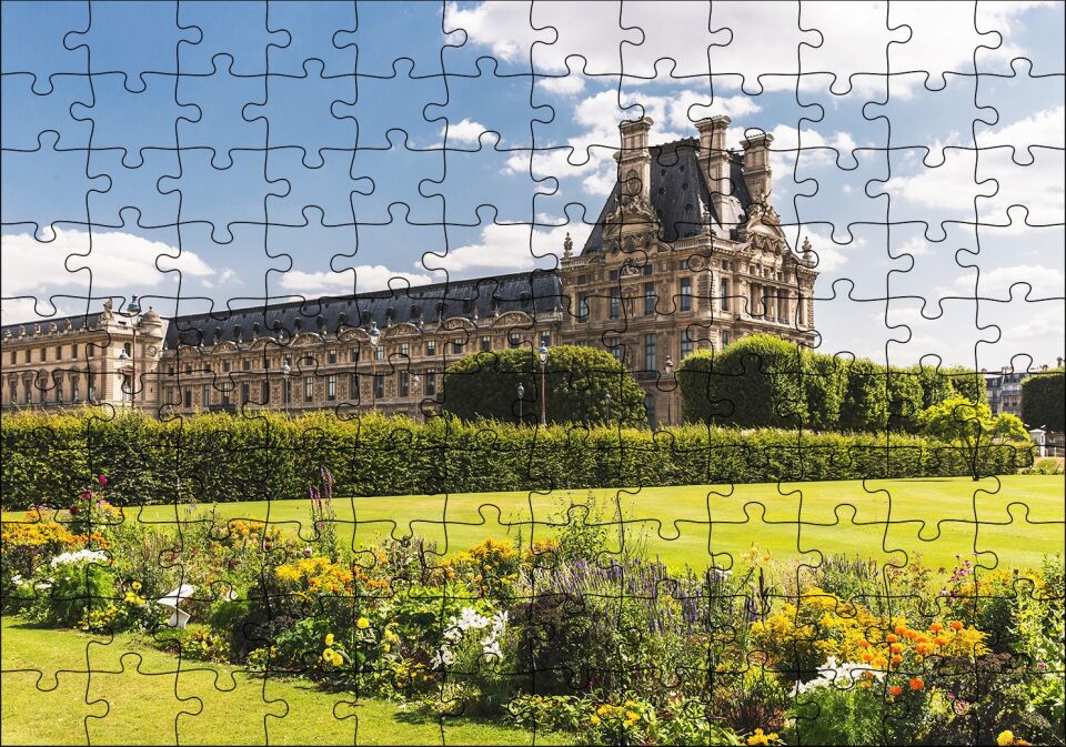 Paris Louivre Sarayı ve Yeşillikler Puzzle Yapboz MDF Ahşap 120 Parça 24 cm X 34 cm